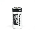 A single Panasonic CR123A industrial lithium battery standing upright on a white background.